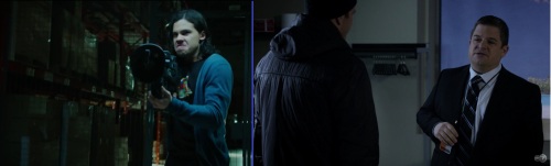 Left, newcomer Carlos Valdes as Cisco Ramon wielding Dr. Light's light-gun; Right, Patton Oswalt as Agent Eric Koenig in one of Nick Fury's Secret Bases
